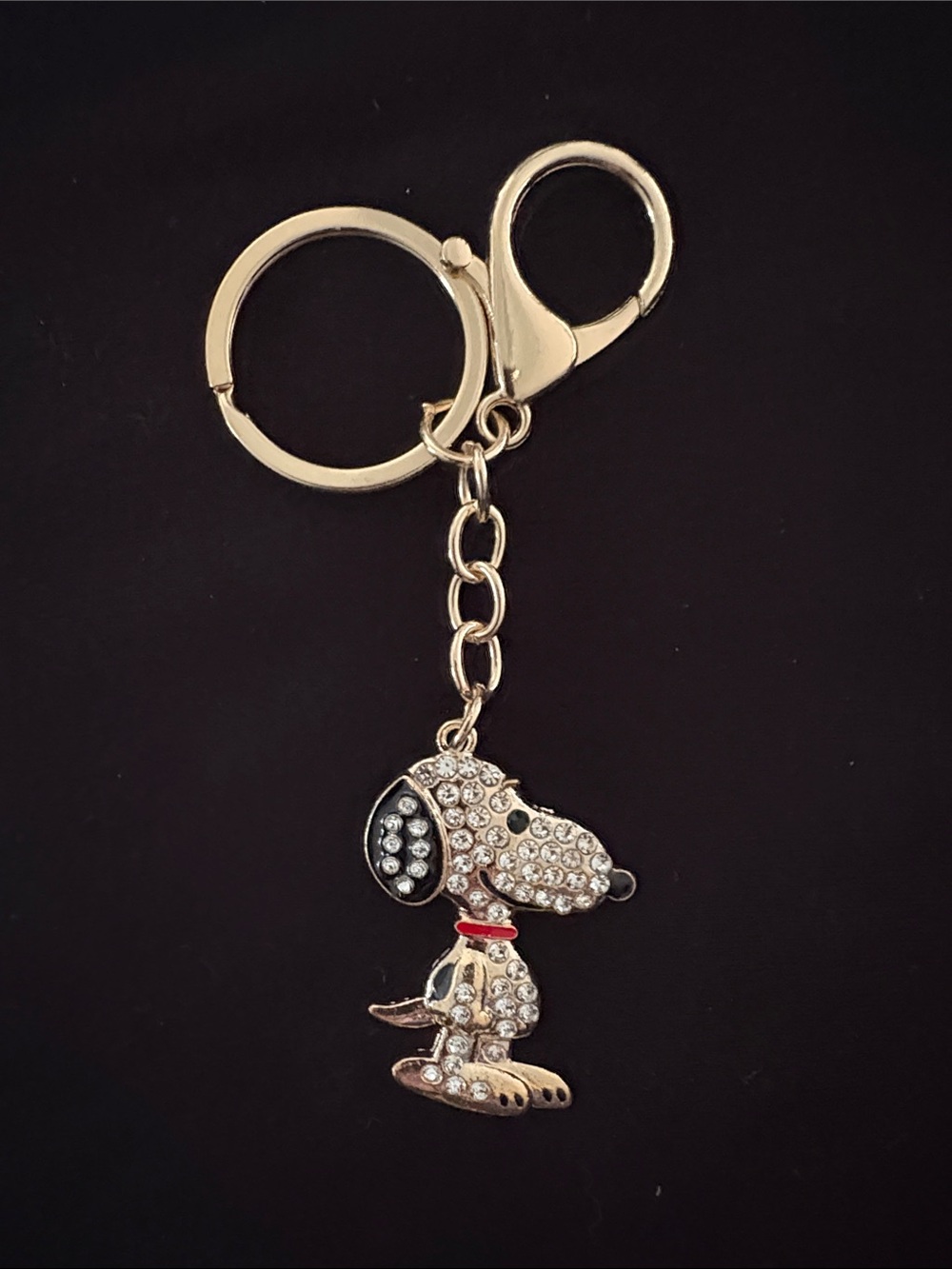Crystal Snoopy Dog Keychain Bag Charm - Gold Tone with Rhinestones